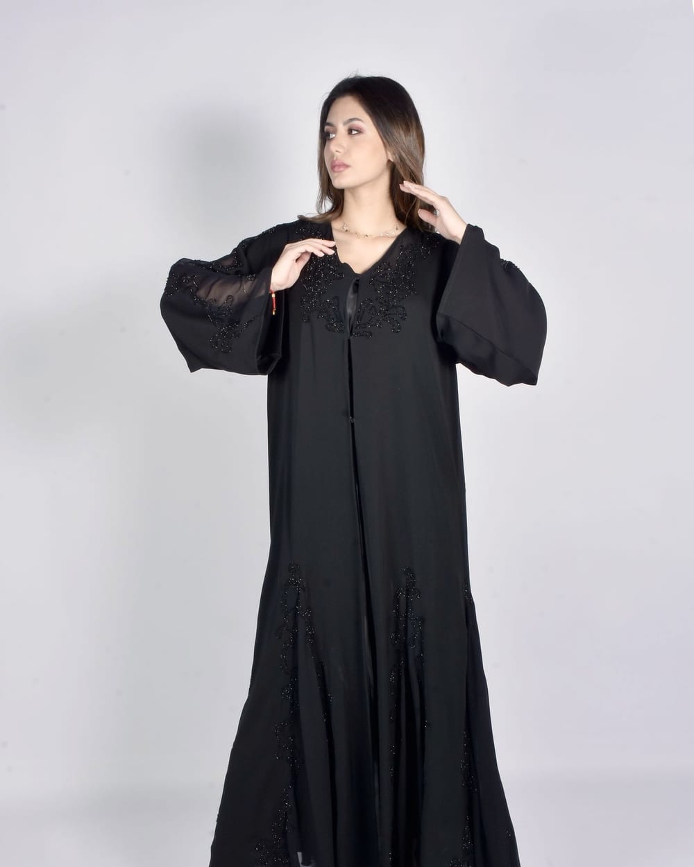 lace trim open abaya